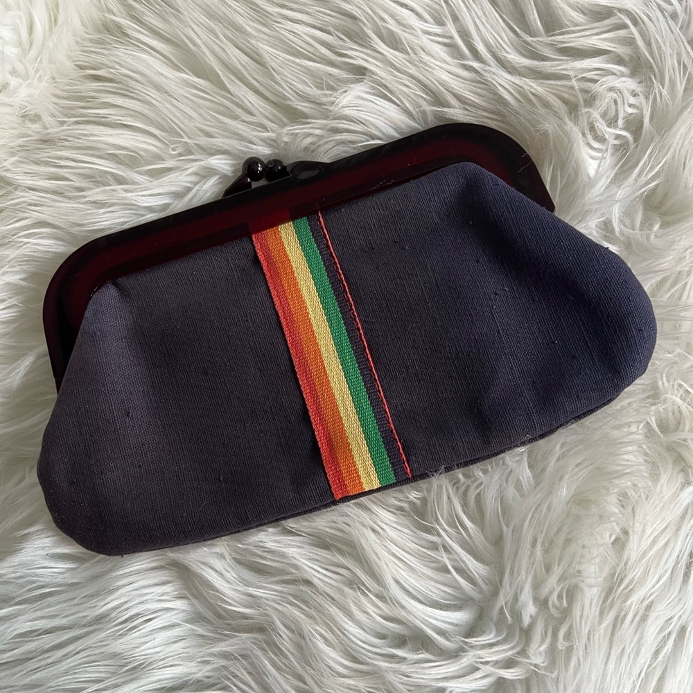 Vintage Clutch Purse | Navy with Rainbow Stripe | Lucite Clasp